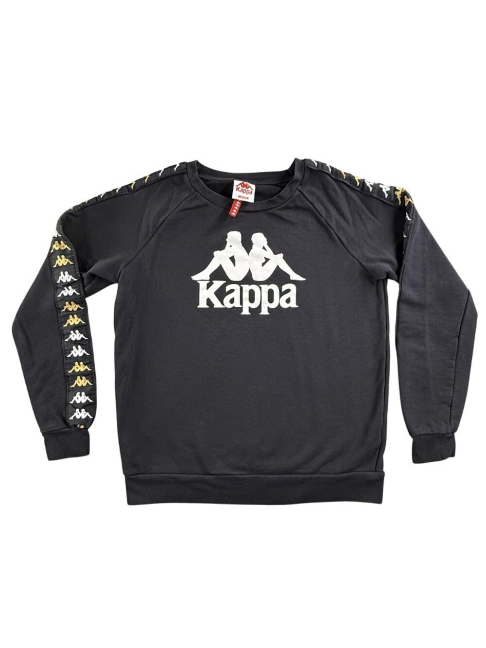Kappa Sweatshirt Mens Medium Black Logo Tape Sleeve Graphic Crewneck Pullover